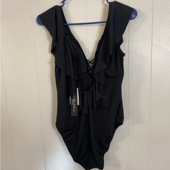 La Blanca Women's Island Goddess Over Shoulder Ruffle Plunge One Piece NWT 10 - Picture 6 of 9